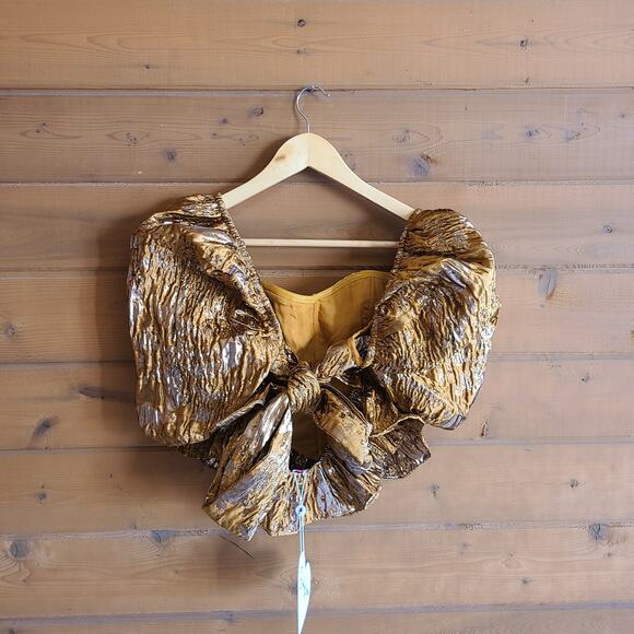 Buddy Love Peplum Bustier Crop Top Chloe Metallic NWT S Renaissance Puff Sleeve - Picture 4 of 6